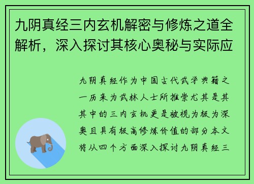 九阴真经三内玄机解密与修炼之道全解析，深入探讨其核心奥秘与实际应用