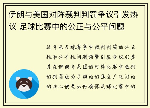 伊朗与美国对阵裁判判罚争议引发热议 足球比赛中的公正与公平问题